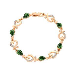 14K Gold Plated Green Heart Link Bracelet Crystal Rhinestone Minimalist Jewelry